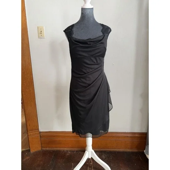 Vintage Black Open Back Lace Goth Dress Y2K Draped Neck Midi 90's 6 Romantic - Picture 3 of 15